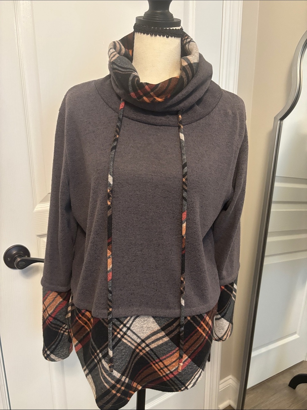 Soft & Cozy Cowl Neck Plaid-Trim Women’s Sweater